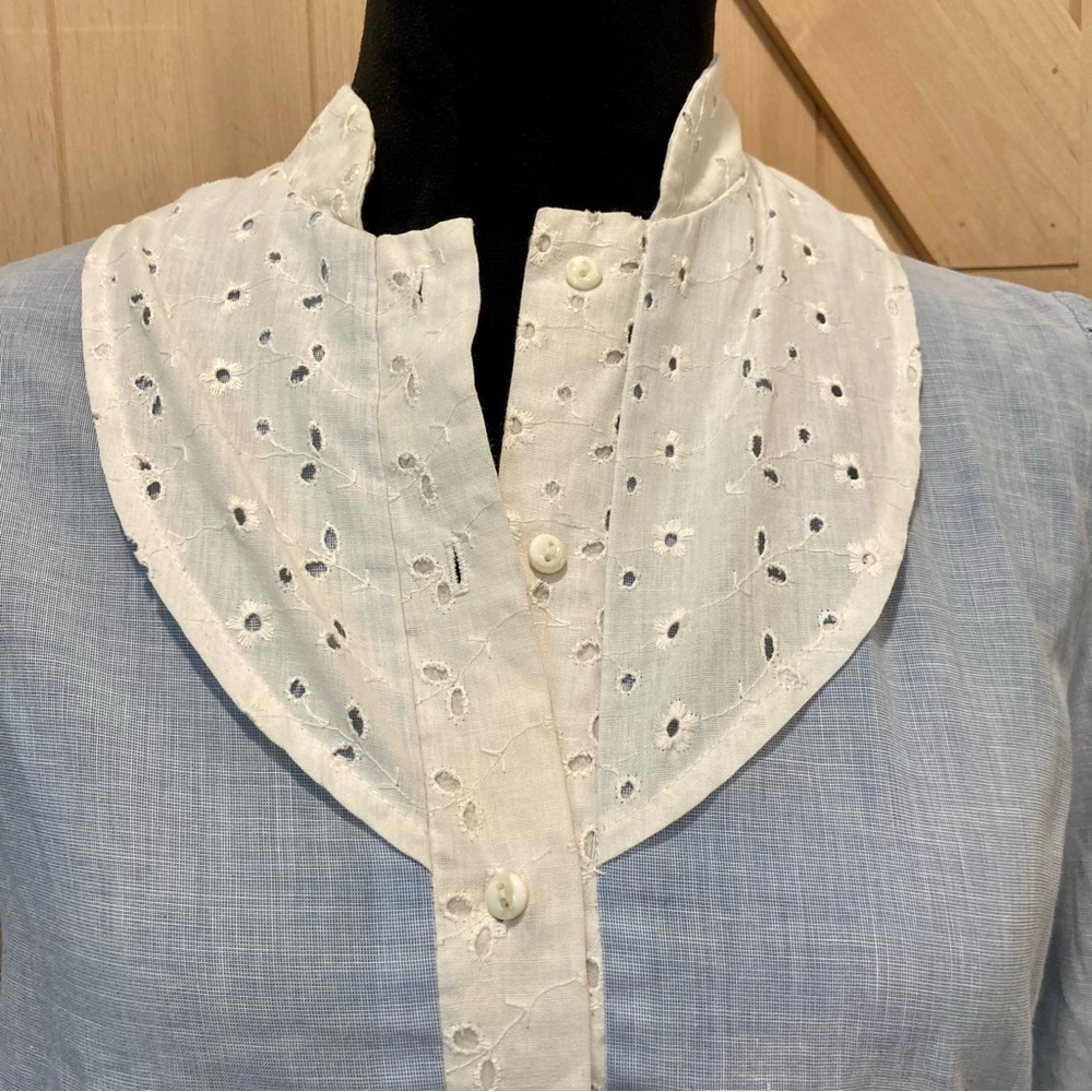 Vintage Blouse Light Blue with White Eyelet Trim and Puffy Shoulders - Picture 2 of 14